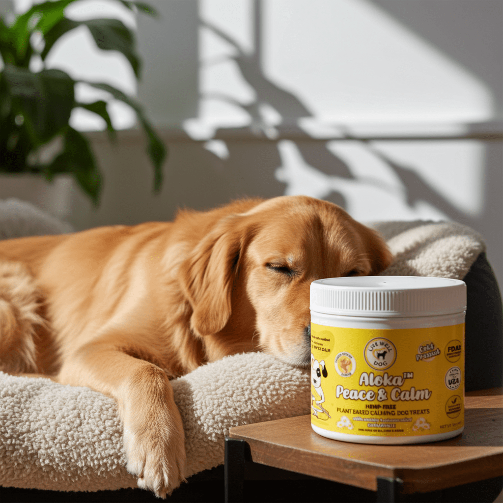 A golden retriever dog rests peacefully in a cream fleece pet bed next to a jar of Aleka Peace & Calm dog calming treats on a wooden side table.