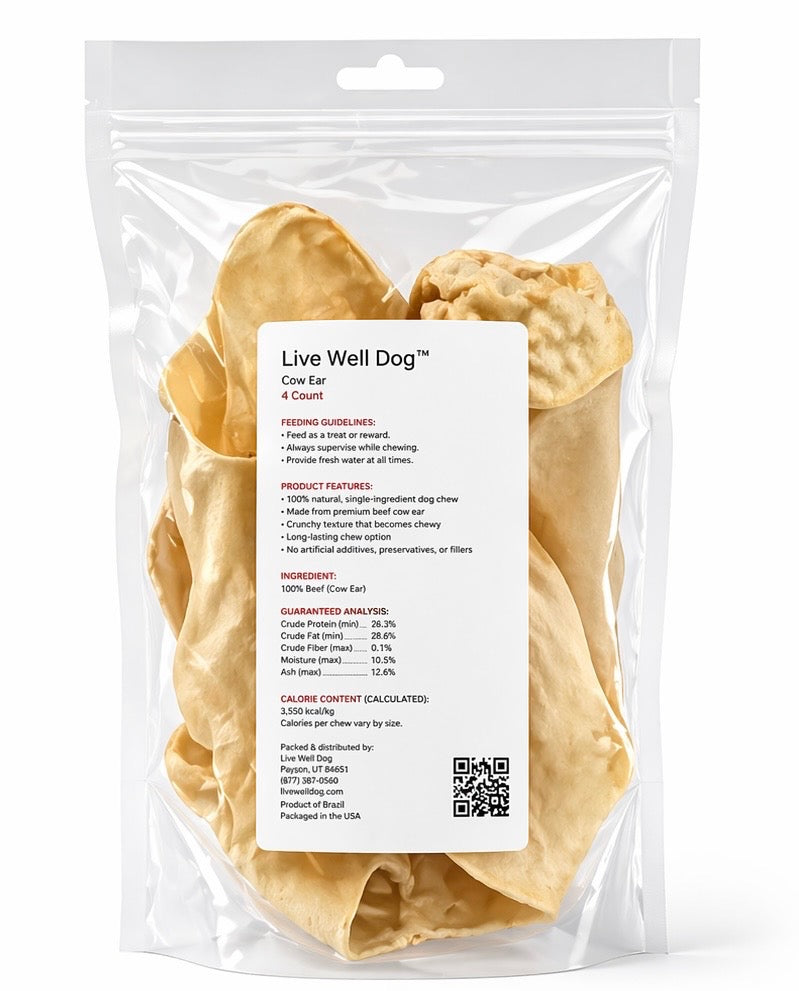 Single-Ingredient Natural Cow Ear Chews (Jumbo) – 4 Pack | 100% Beef