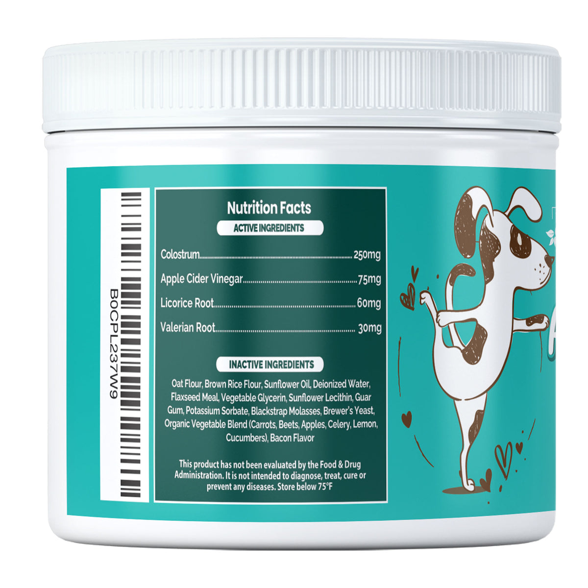 Live Well Dog Allergy Relief soft chews for dogs ingredient panel with colostrum, apple cider vinegar, licorice root and vitamin C