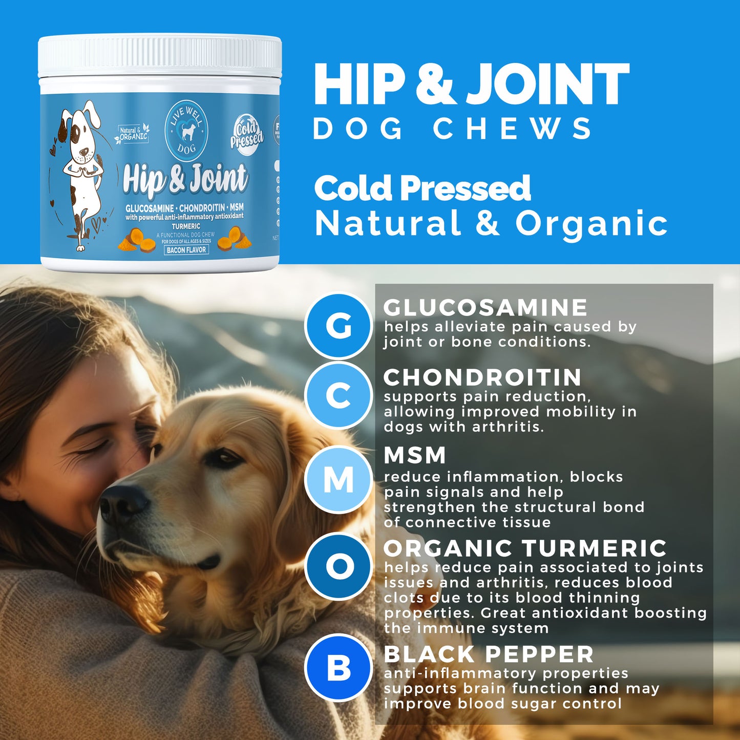 Live Well Dog Hip & Joint Cold pressed Chews with Turmeric 120 Count