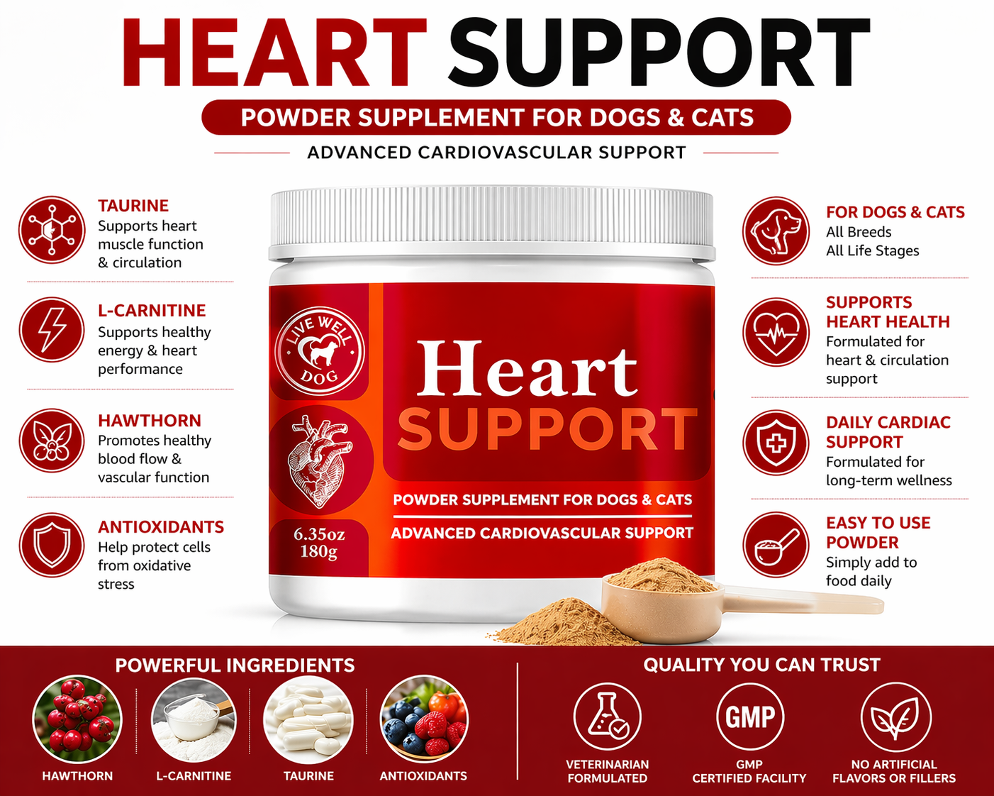 Live Well Dog™ Heart Support Powder, Cardiac & Circulatory Support with Taurine & Hawthorn for Dogs and Cats