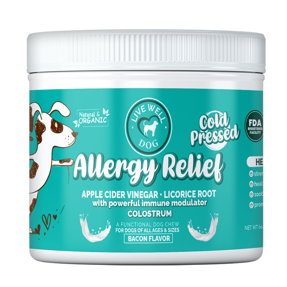 Live Well Dog Allergy Relief soft chews for dogs with colostrum, apple cider vinegar and licorice root