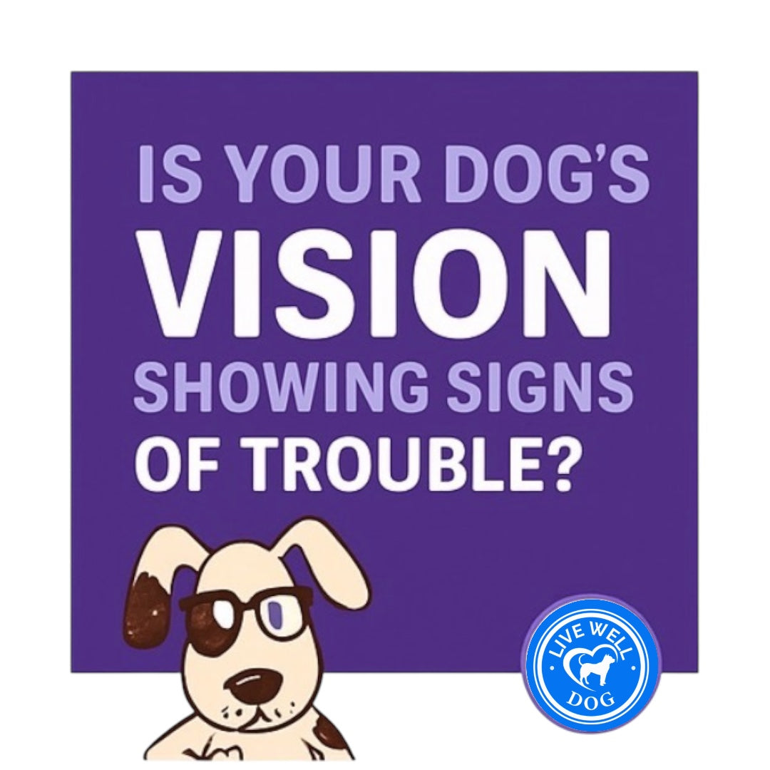 Dog vision support graphic asking if your dog’s vision is showing signs of trouble from Live Well Dog
