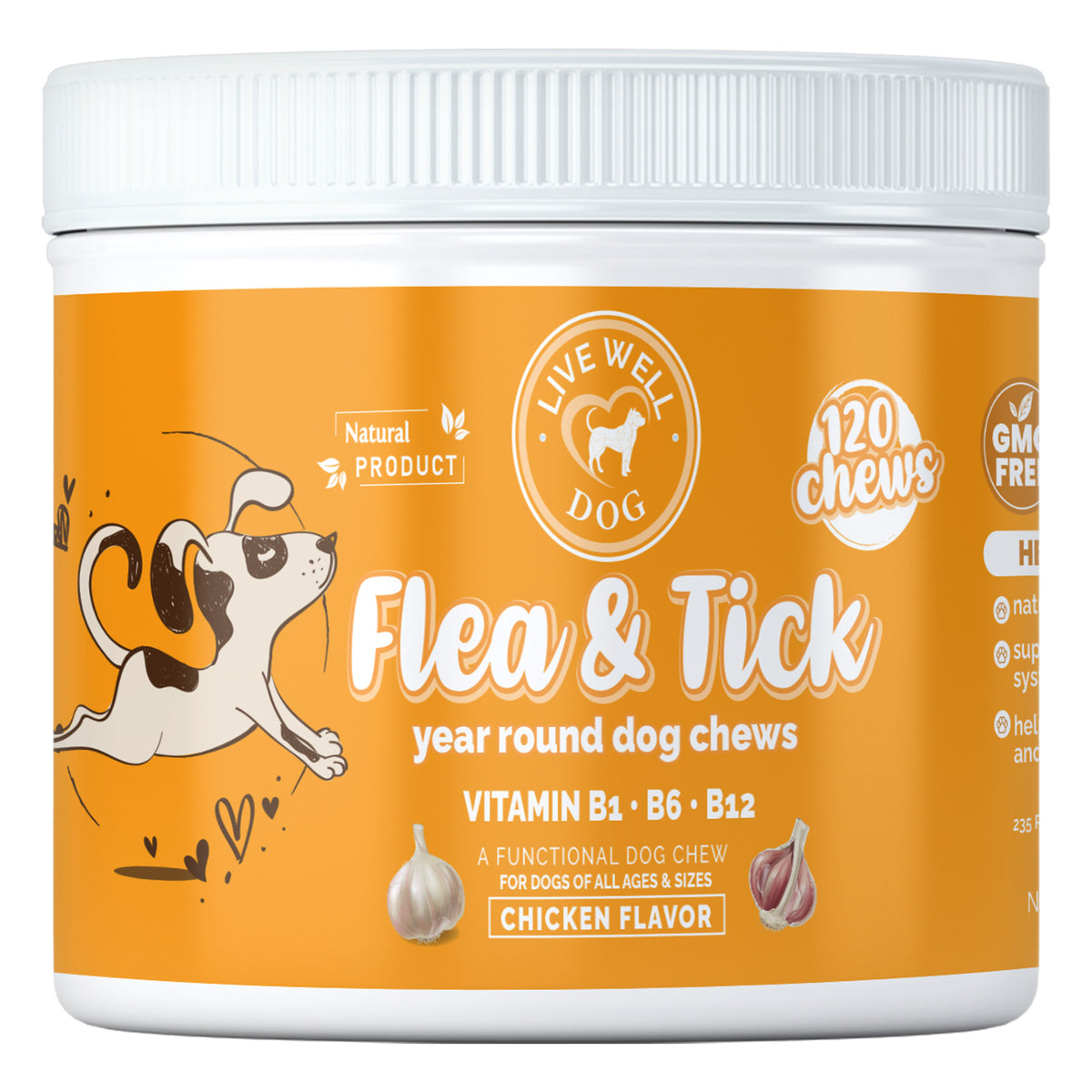 A container of Live Well Dog Flea & Tick Year Round Dog Chews, with an illustration of a dog and garlic, indicating the primary ingredients and flavor.Live Well Dog Flea & Tick year-round dog chews with vitamin B1, B6, B12 and garlic

