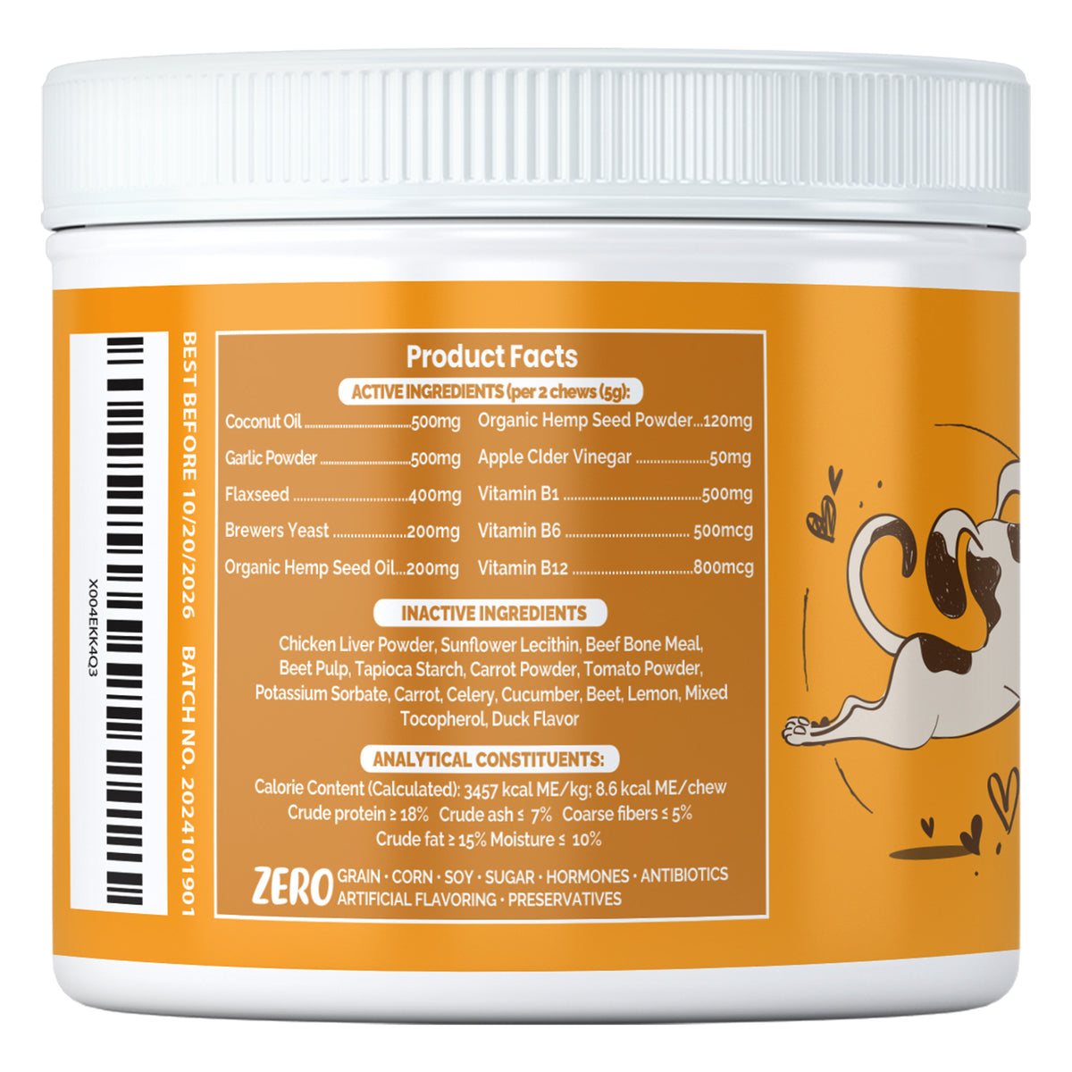 Live Well Dog Flea & Tick dog chews ingredient panel with garlic, vitamin B1, B6, B12, flaxseed and brewer’s yeast