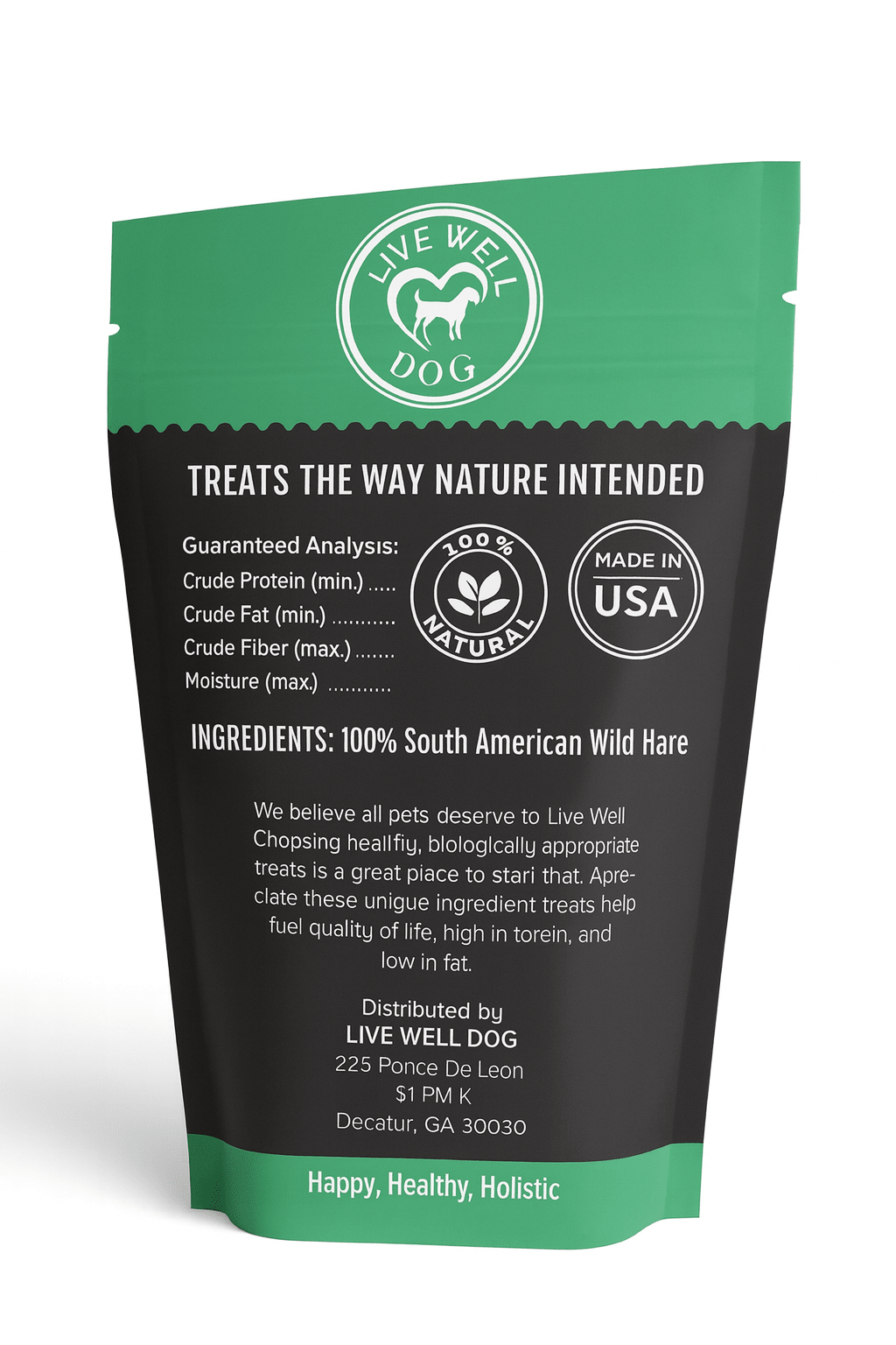 Dog treat package with green and black design on a white background. Hypoallergenic