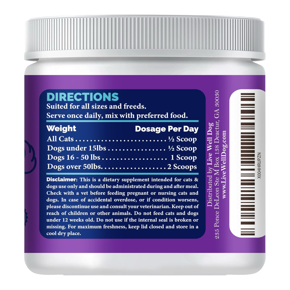 Supplement jar label with directions and dosages for cats and dogs on a white background