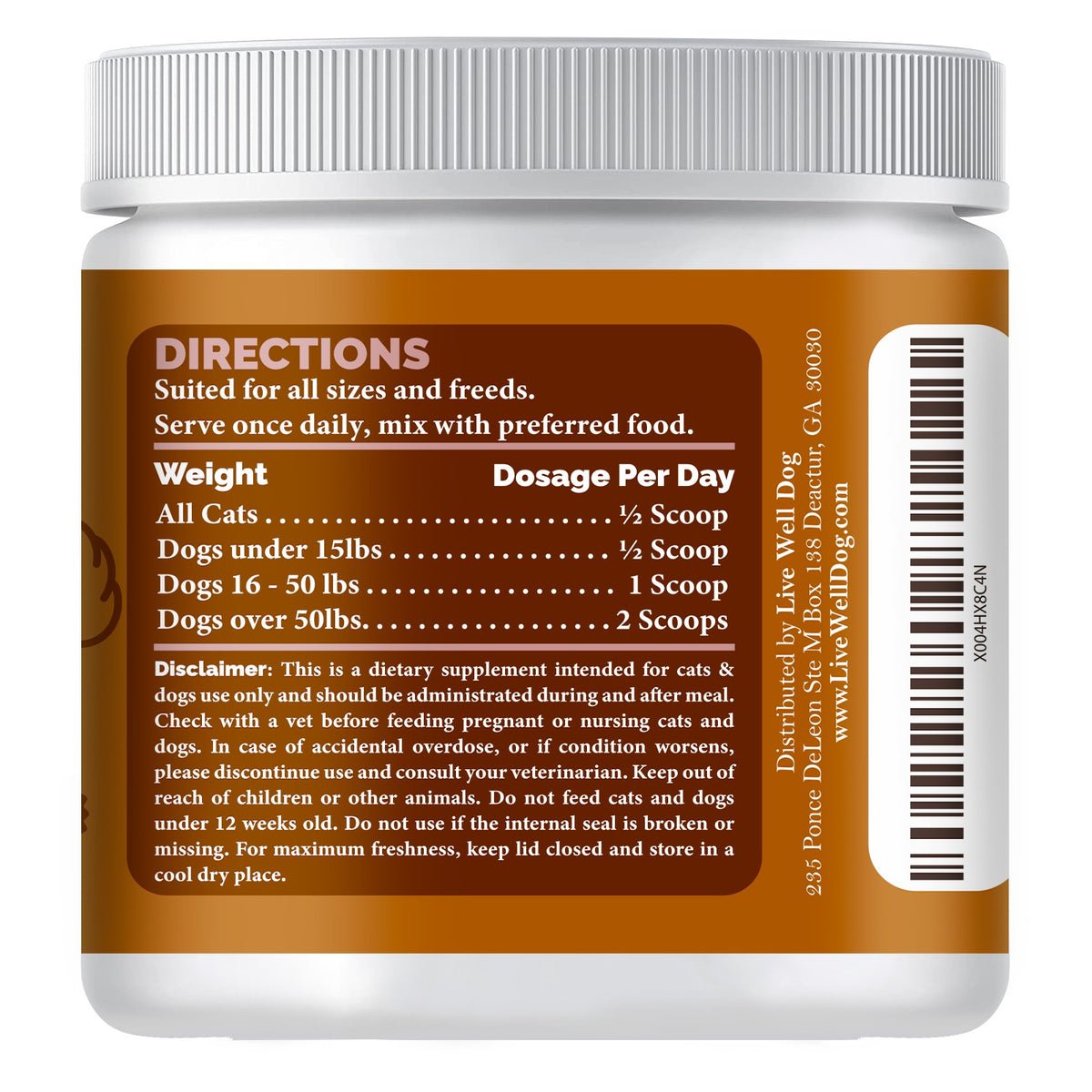 Supplement jar with label showing directions and dosage information on a white background