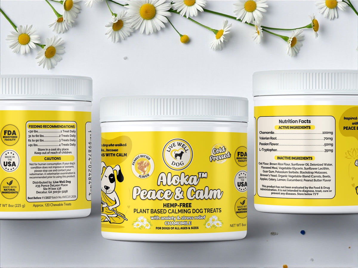 Live Well Dog Aloka Peace & Calm calming soft chews for dogs with chamomile, valerian root, passion flower and L-tryptophan