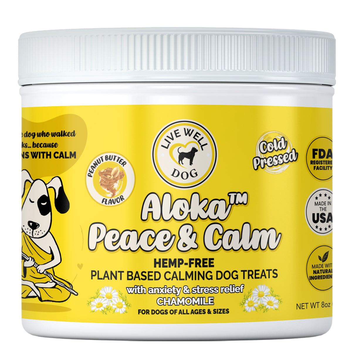 Jar of Live Well Dog Aloka Peace & Calm dog treats on a white background