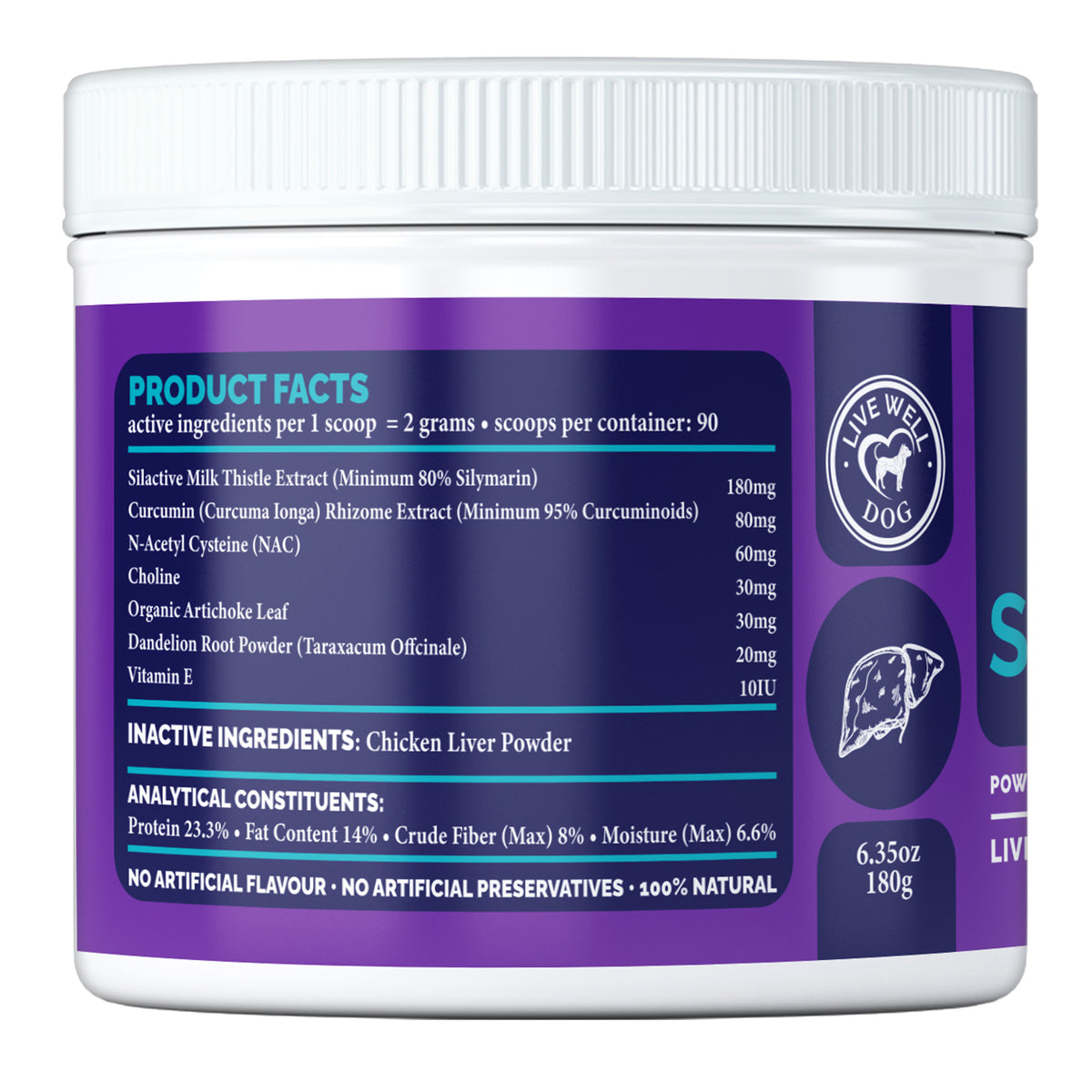 Live Well Dog Skin + Coat & Immune Support dog chews ingredient panel with colostrum, turmeric, NAC, choline and dandelion root, milk thistle
