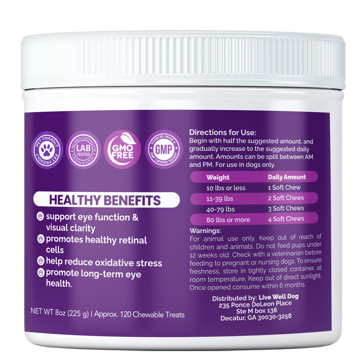 Live Well Dog Vision Support soft chews for dogs benefits and directions for eye health, visual clarity and healthy retinal cells
