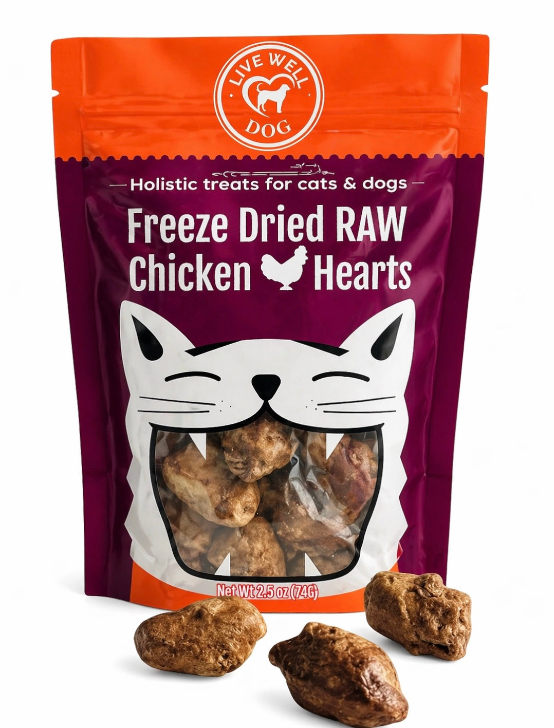 Package of Freeze Dried RAW Chicken Hearts treats for cats and dogs with 'Live Well Dog' branding.