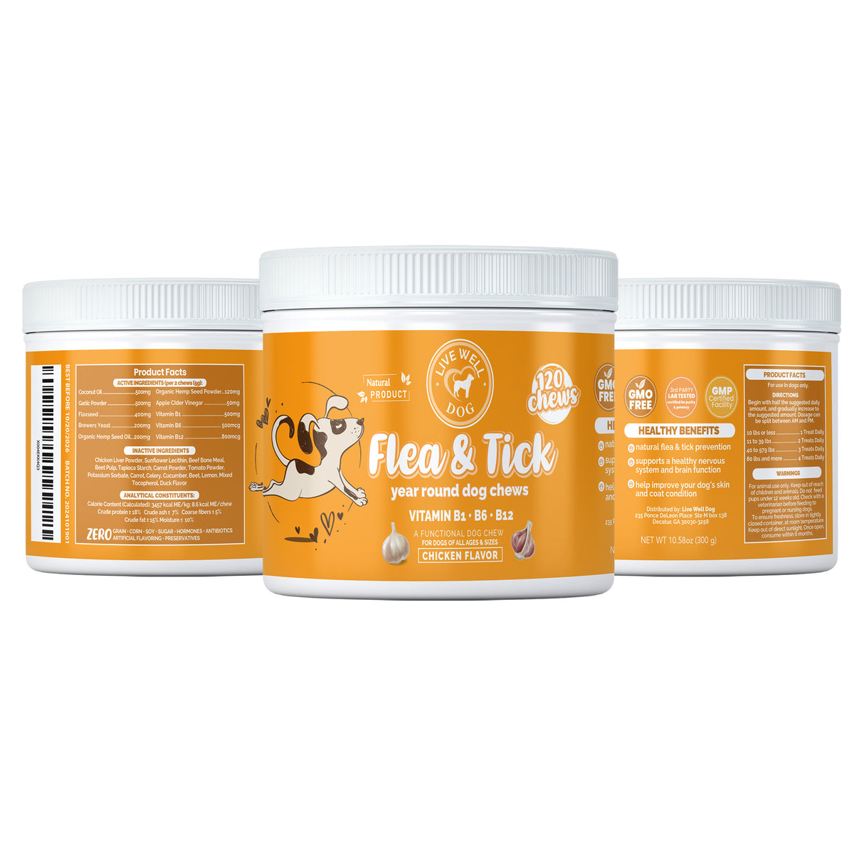 Flea and Tick Liive Well Dog Wellnes Chew Yoga Dog Garlic B Vitamins 120 Chews. Ingredeients and Benefits