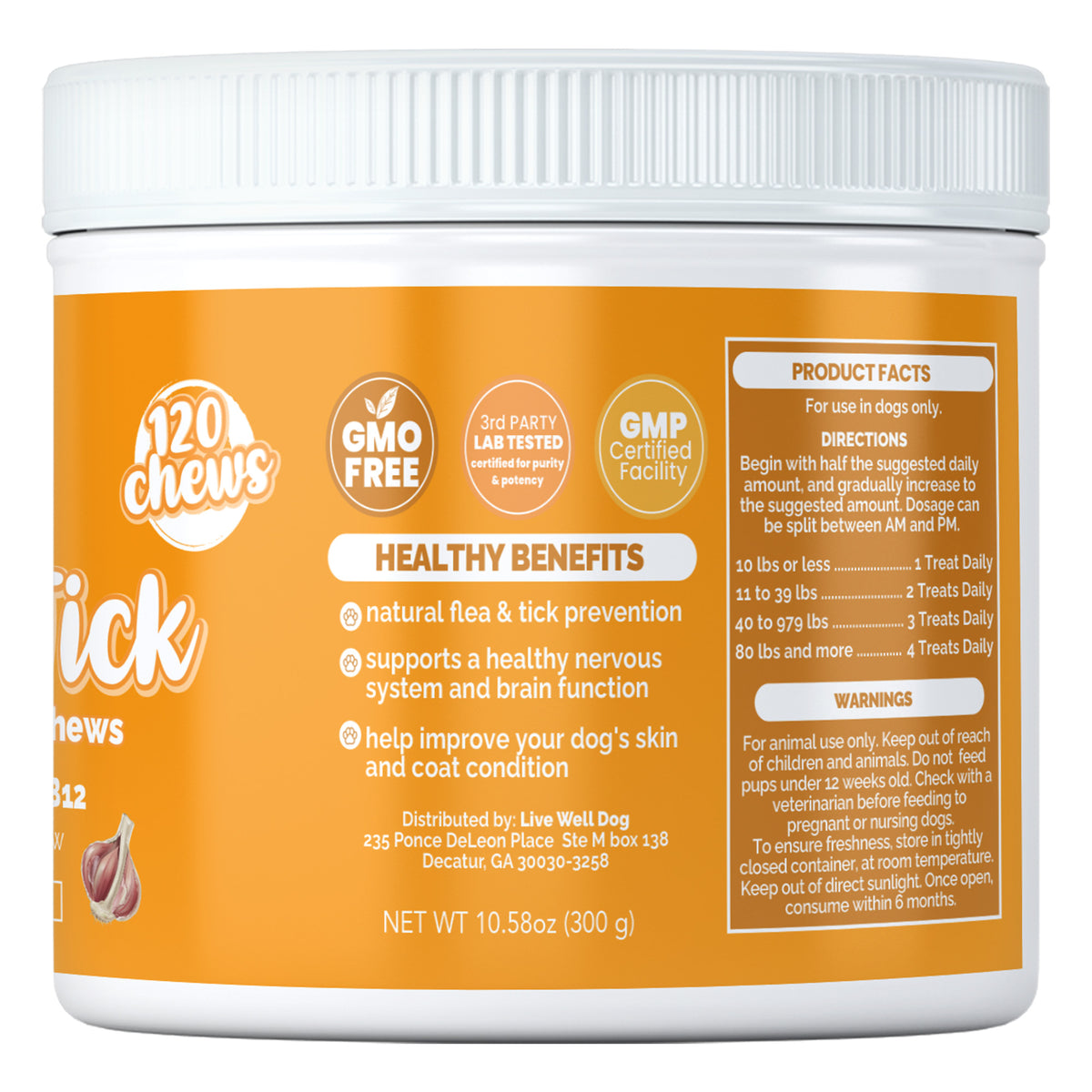 Live Well Dog Flea & Tick dog chews benefits and feeding directions for year-round flea and tick support