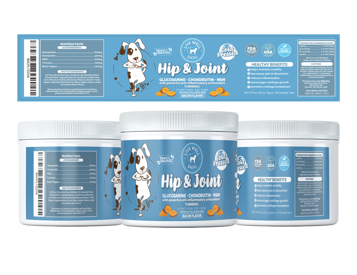 Live Well Dog Joint Chew 3 Jars. Benefits, Instructions, Yoga Dog Balance. Blue White Jar. Airtight. recyclable 
