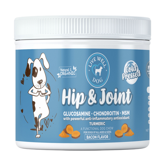 Container of Live Well Dog Hip & Joint supplement for dogs on a white background