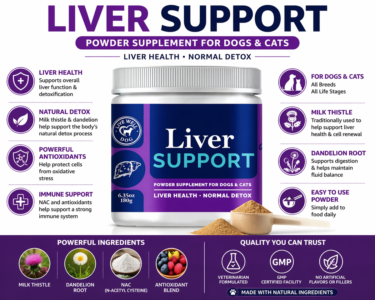 Liver support powder supplement for dogs and cats with packaging and ingredients listed.