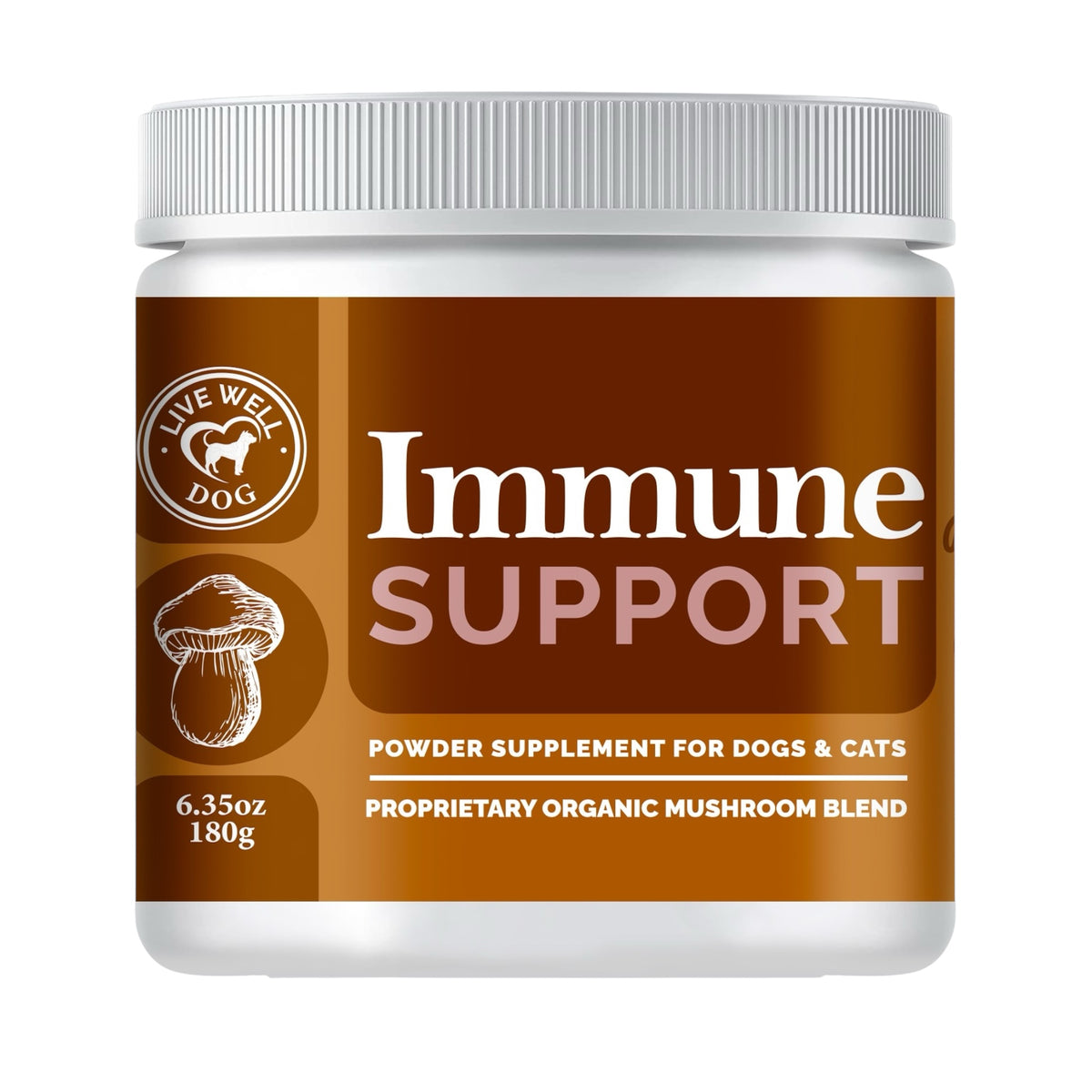 A white plastic jar of 'Live Well Dog' Immune Support powder supplement with a brown label and white cap, shown on a solid white background.