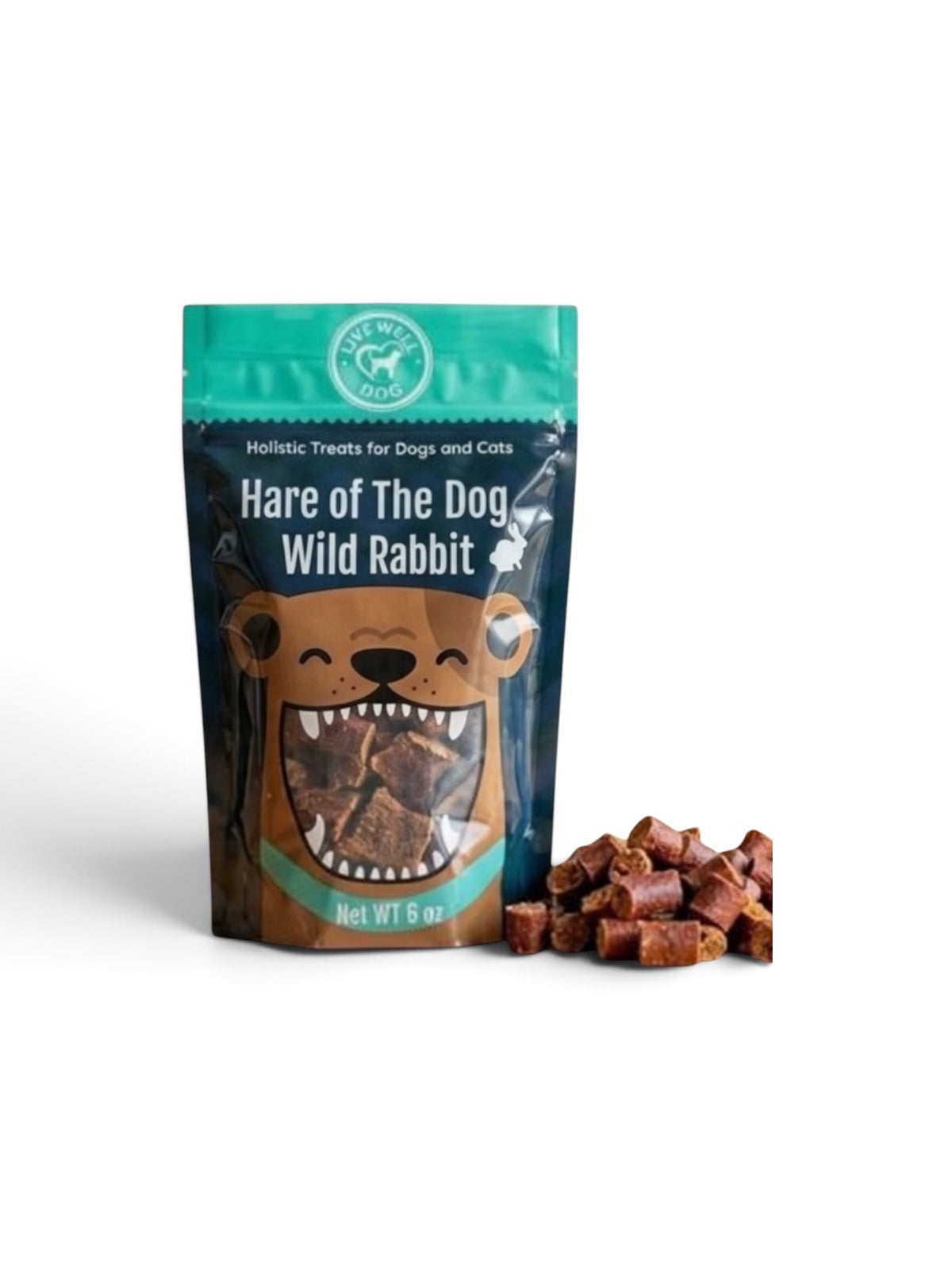 A stand-up pouch of Wild Rabbit Hare of the Dog treats with a cartoon bear graphic, shown next to a small pile of brown rectangular dog treats on a white background.