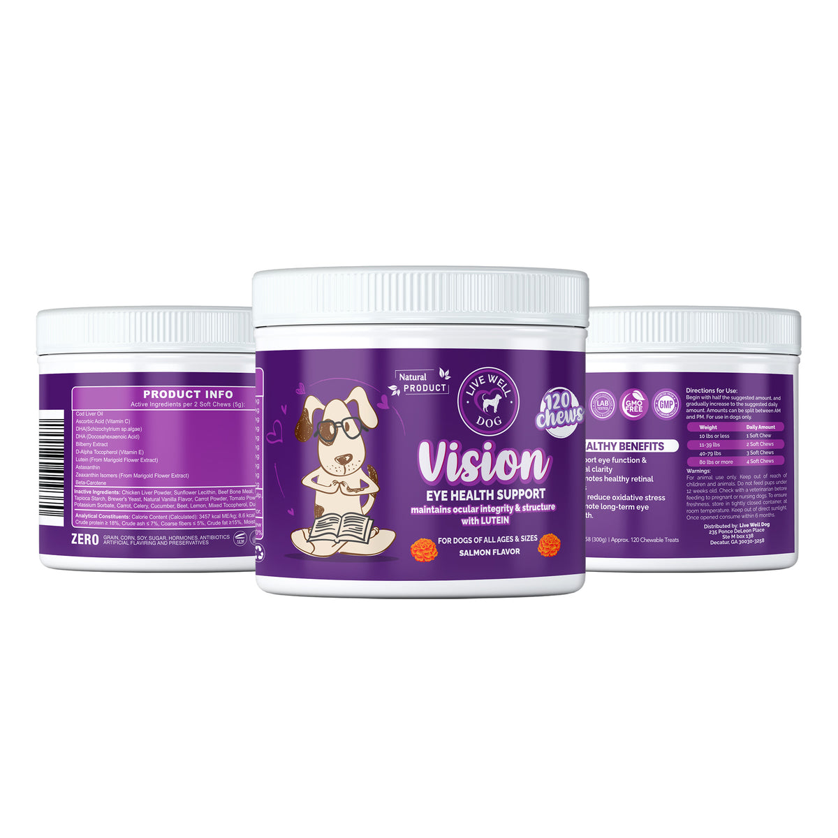 Three containers of Vision eye health support for dogs on a white background