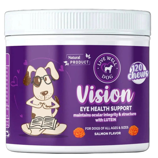 A white plastic jar of dog eye health support chews with a purple label. The label features a cartoon dog wearing glasses reading a book, along with text reading 'Vision', 'LIVE WELL DOG', '120 chews', and 'Salmon Flavor'.